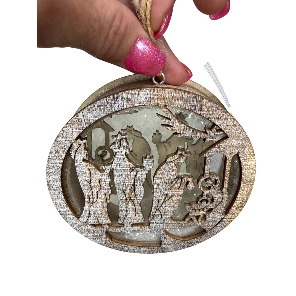 East Asia Ornament Nativity Round Brown Wood Rustic Glitter Three Wise Men 4in